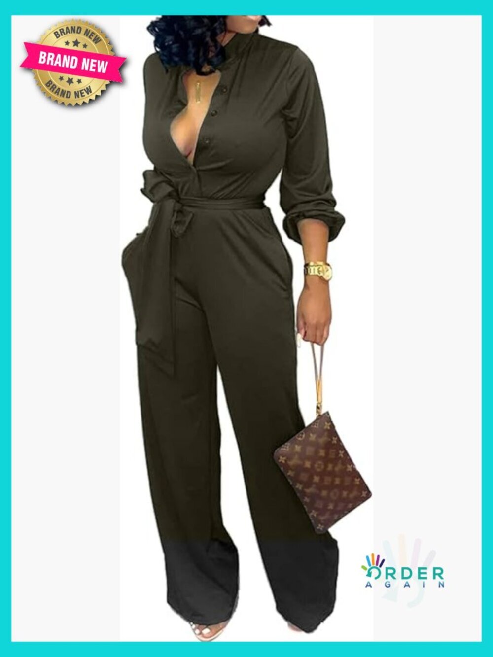 Elegant Formal Jumpsuit Long Sleeve Collared Business Party Wear with Belt